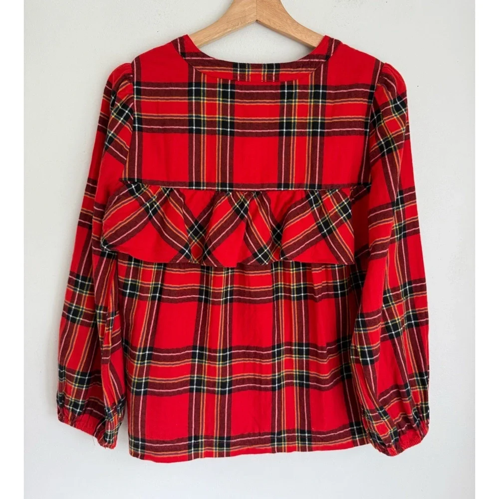 J. Crew • Festive Ruffled Popover Flannel Top in Red Tartan Plaid